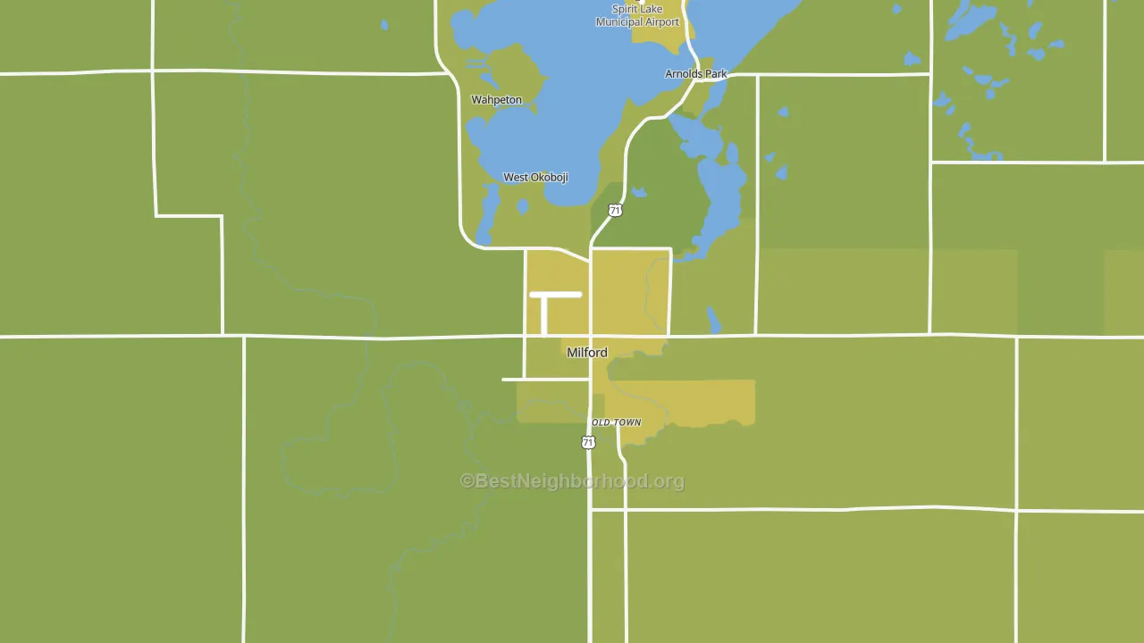 Map of the best neighborhoods in the Milford area, with better matches in green and worse matches in red