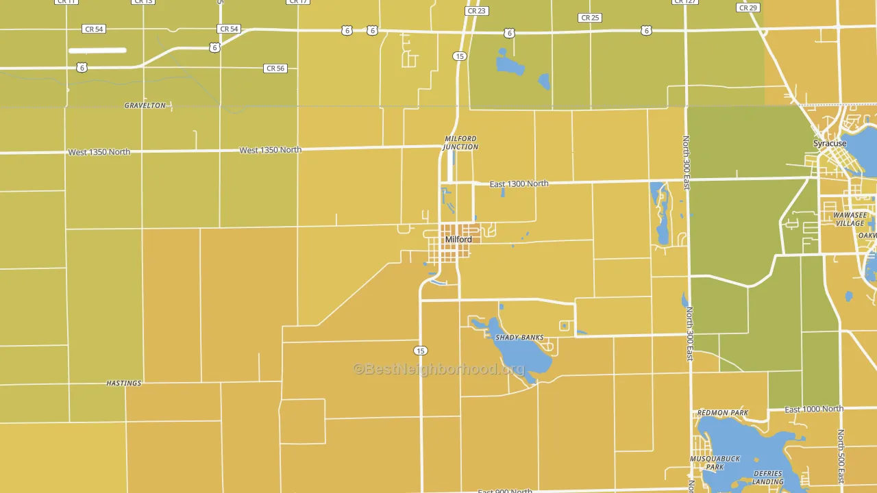 Map of the best neighborhoods in the Milford area, with better matches in green and worse matches in red