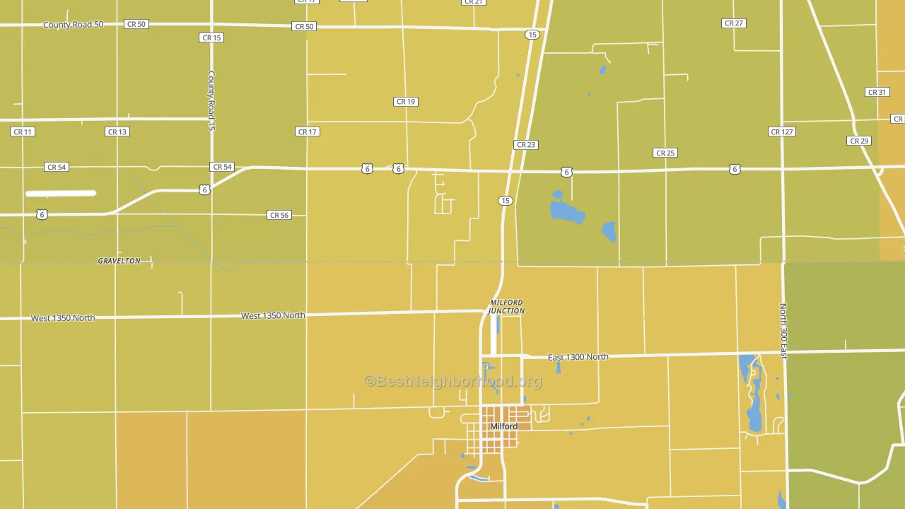 Map of the best neighborhoods in the Milford Junction area, with better matches in green and worse matches in red