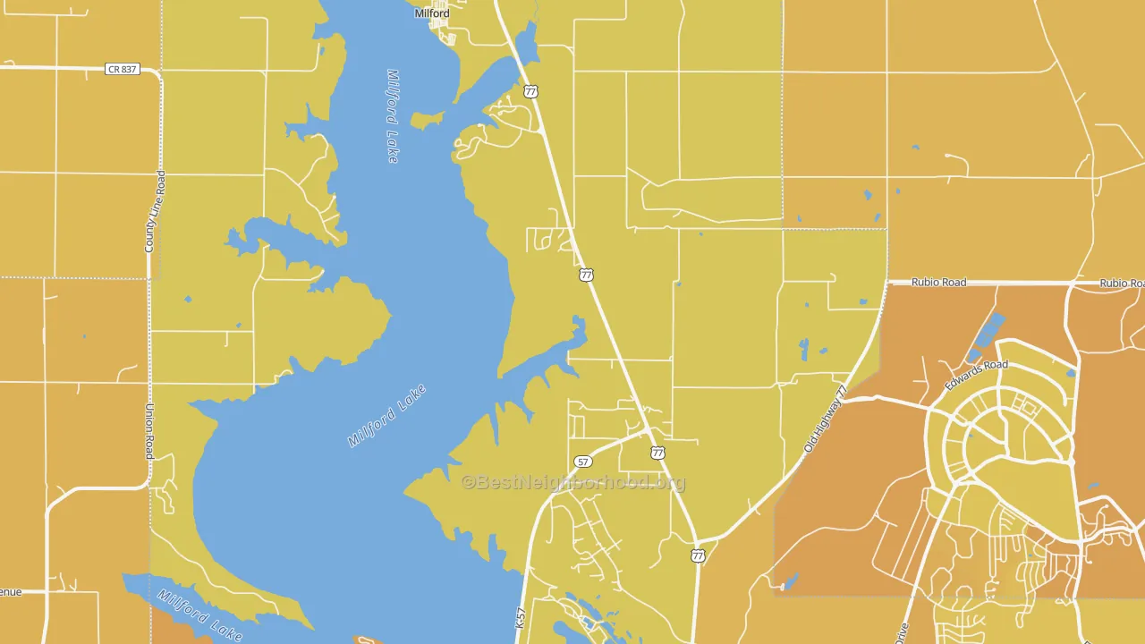 Map of the best neighborhoods in the Milford area, with better matches in green and worse matches in red
