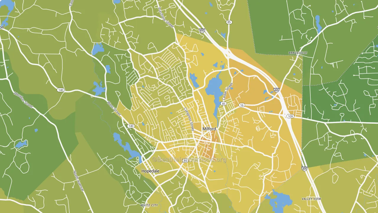 Map of the best neighborhoods in the Milford area, with better matches in green and worse matches in red