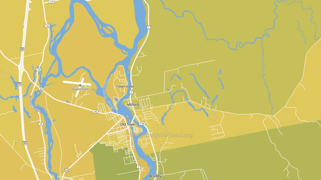 Map of the best neighborhoods in the Milford area, with better matches in green and worse matches in red