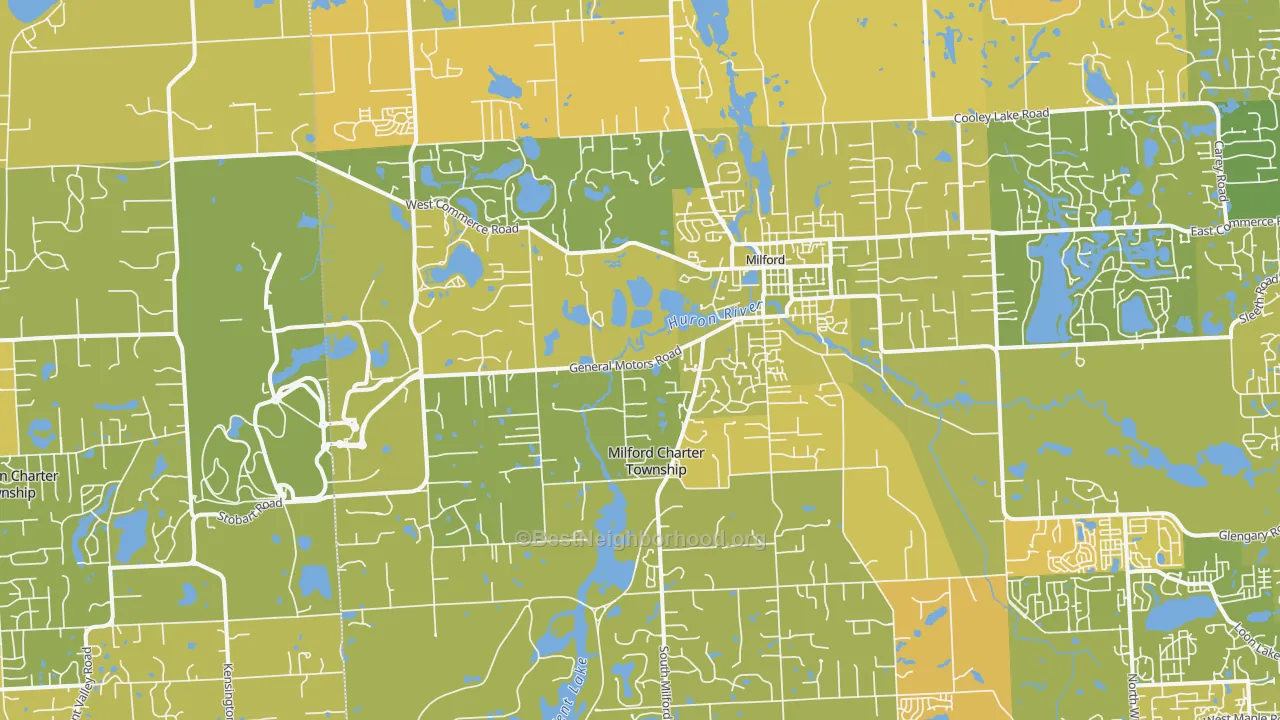 Map of the best neighborhoods in the Milford area, with better matches in green and worse matches in red