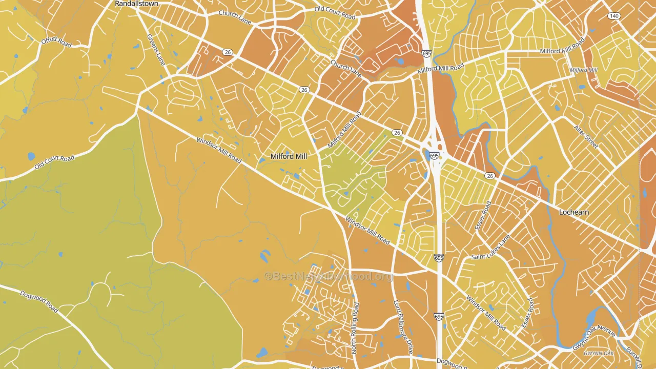 Map of the best neighborhoods in the Milford Mill area, with better matches in green and worse matches in red