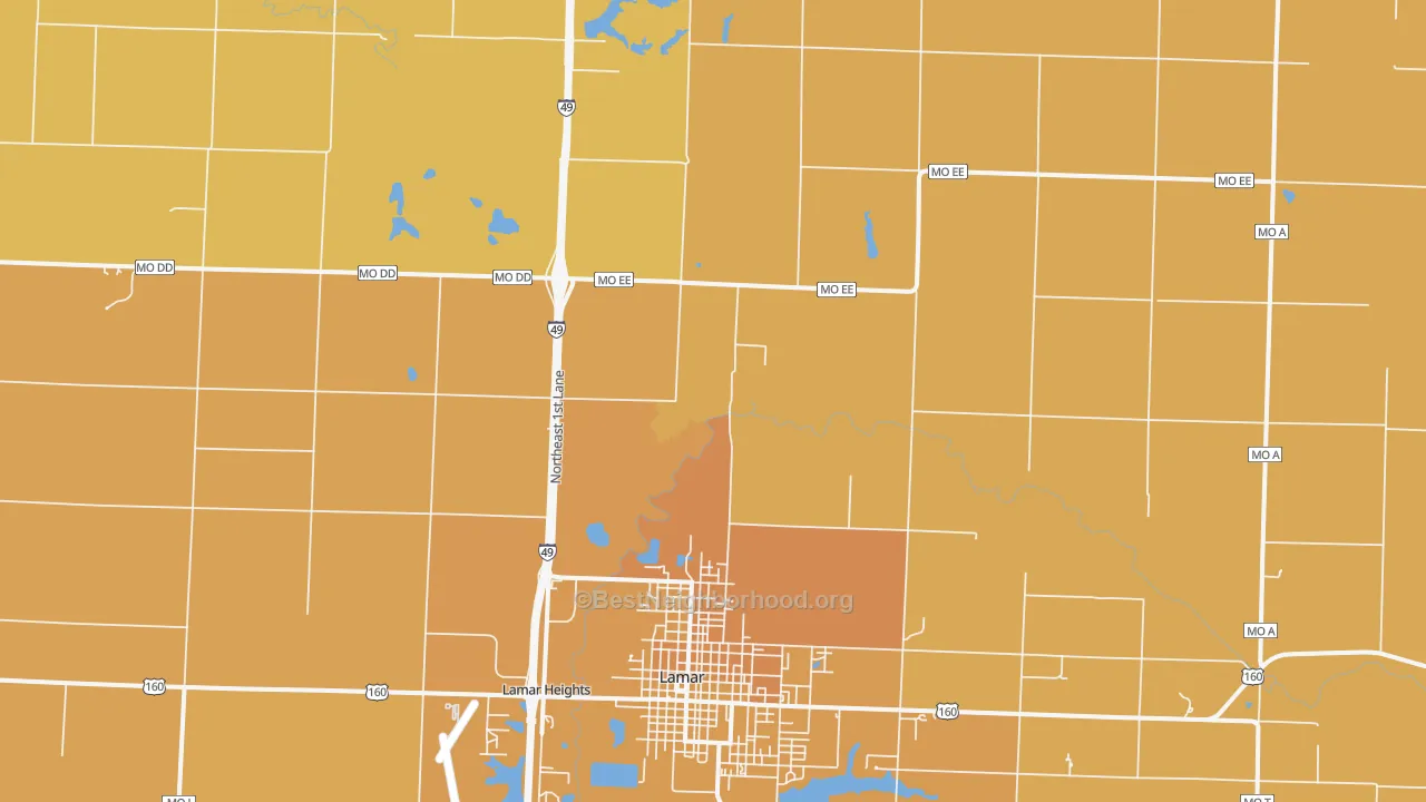 Map of the best neighborhoods in the Milford area, with better matches in green and worse matches in red