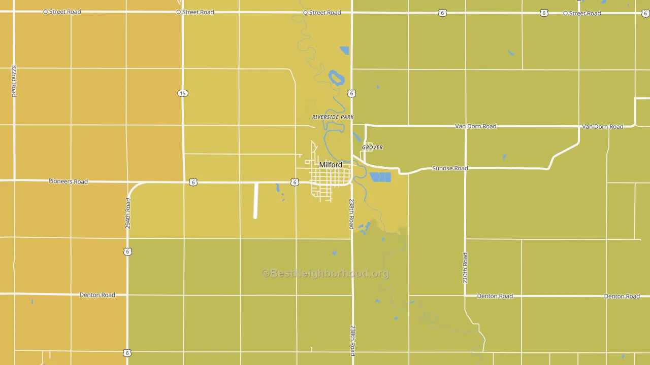 Map of the best neighborhoods in the Milford area, with better matches in green and worse matches in red