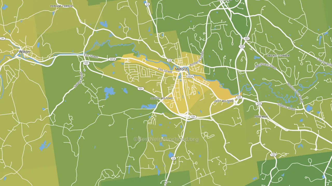 Map of the best neighborhoods in the Milford area, with better matches in green and worse matches in red