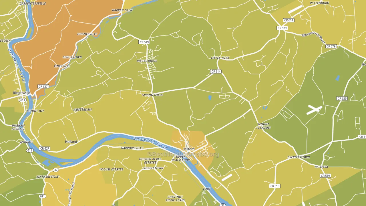 Map of the best neighborhoods in the Milford area, with better matches in green and worse matches in red