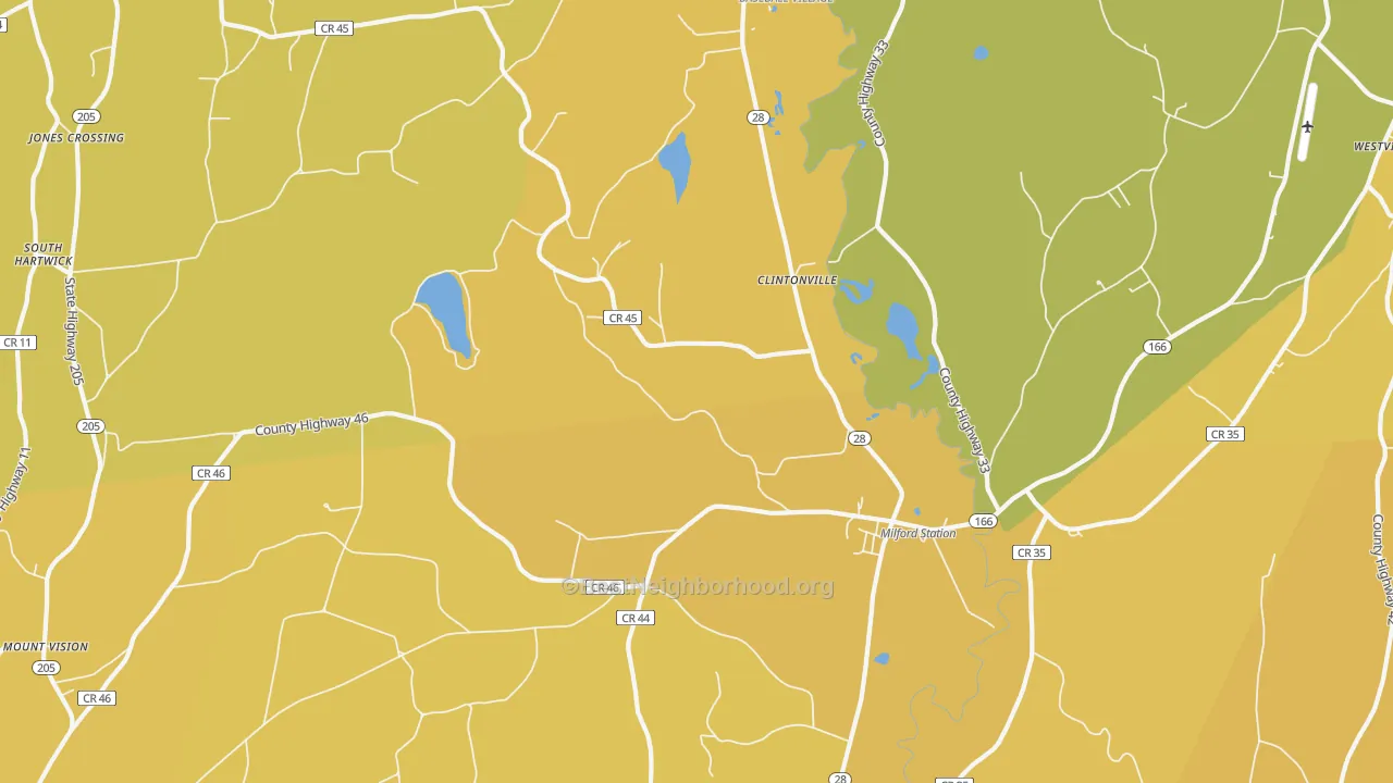 Map of the best neighborhoods in the Milford area, with better matches in green and worse matches in red