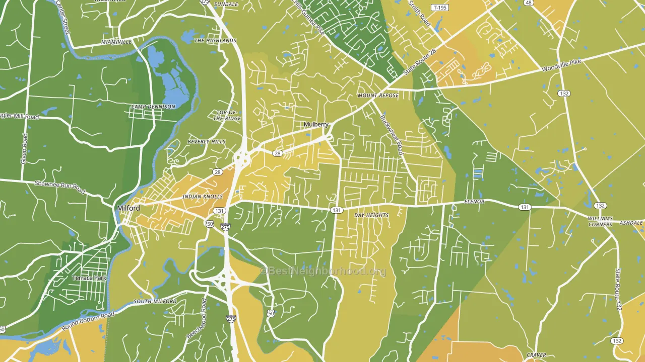 Map of the best neighborhoods in the Milford area, with better matches in green and worse matches in red