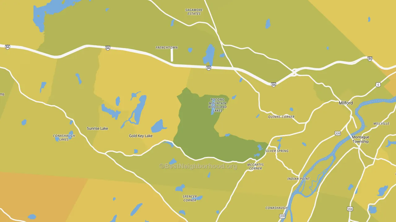 Map of the best neighborhoods in the Milford area, with better matches in green and worse matches in red