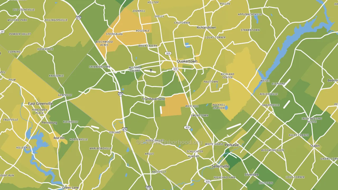 Map of the best neighborhoods in the Milford Square area, with better matches in green and worse matches in red