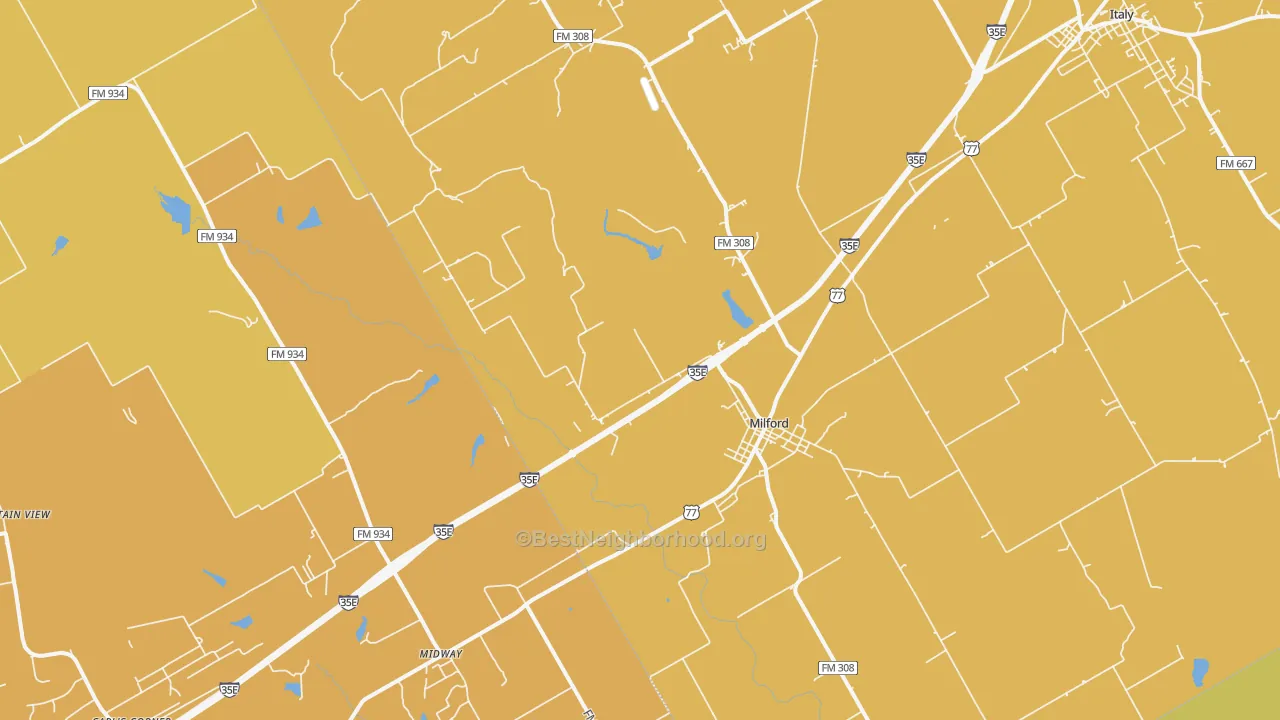 Map of the best neighborhoods in the Milford area, with better matches in green and worse matches in red