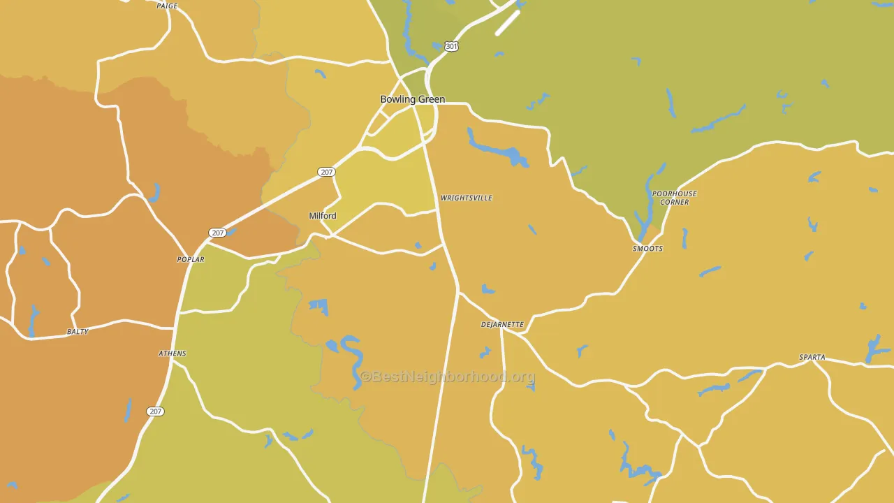 Map of the best neighborhoods in the Milford area, with better matches in green and worse matches in red