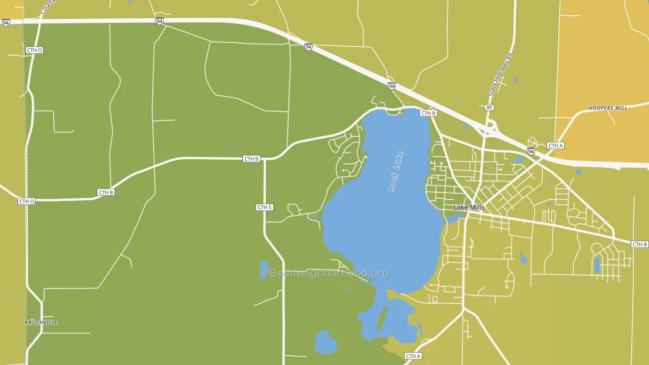 Map of the best neighborhoods in the Milford area, with better matches in green and worse matches in red