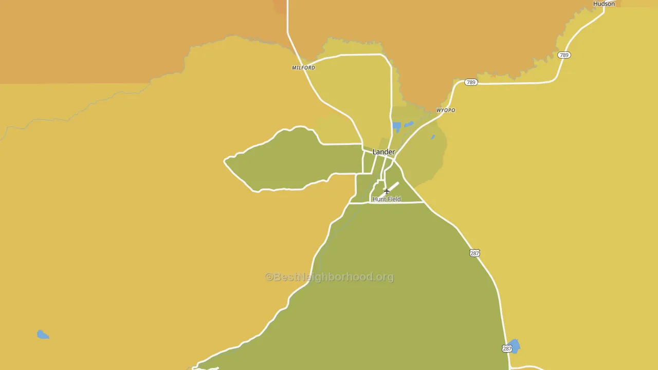 Map of the best neighborhoods in the Milford area, with better matches in green and worse matches in red