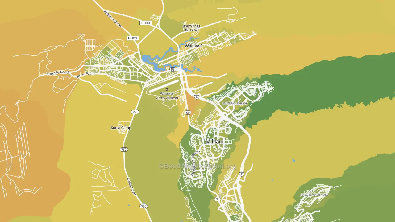 Map of the best neighborhoods in the Mililani area, with better matches in green and worse matches in red
