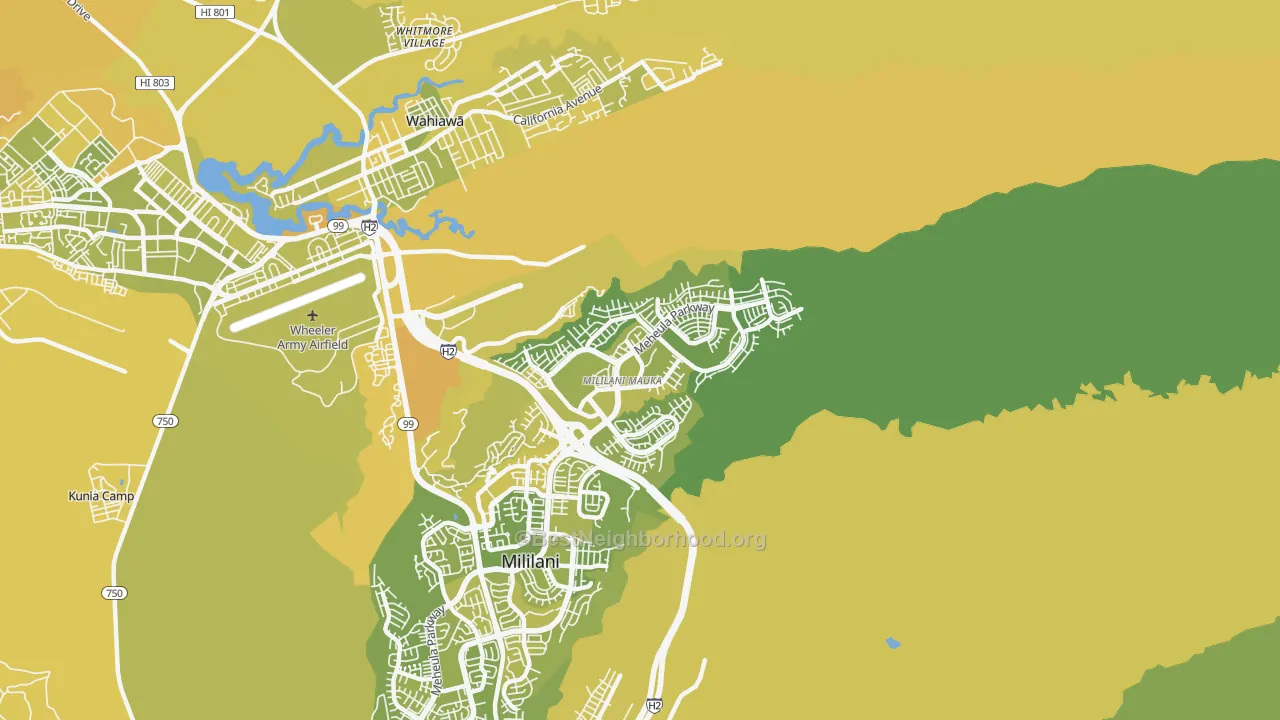 Map of the best neighborhoods in the Mililani Mauka-Launani Valley, Mililani area, with better matches in green and worse matches in red