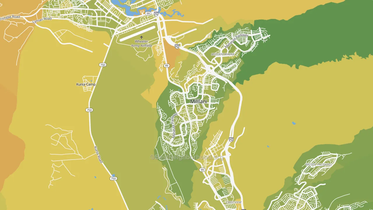 Map of the best neighborhoods in the Mililani Waipio Melemanu, Mililani area, with better matches in green and worse matches in red