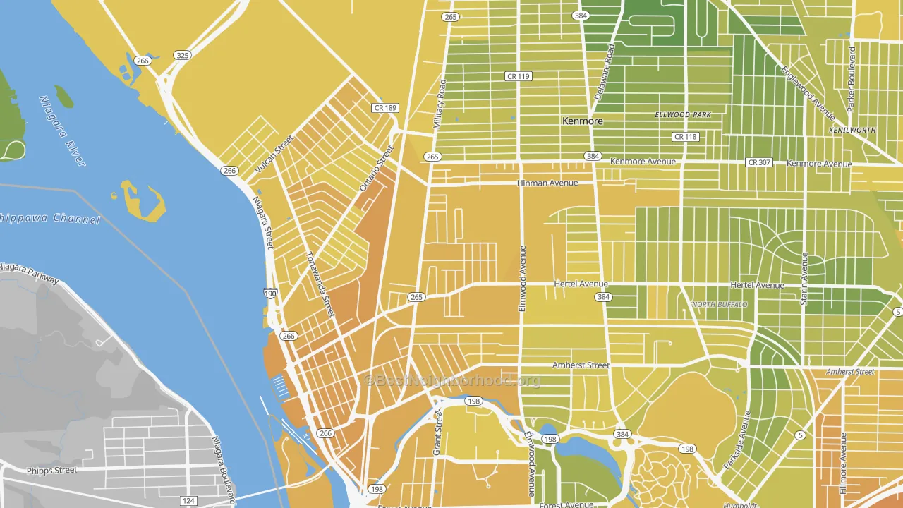 Map of the best neighborhoods in the Military, Buffalo area, with better matches in green and worse matches in red
