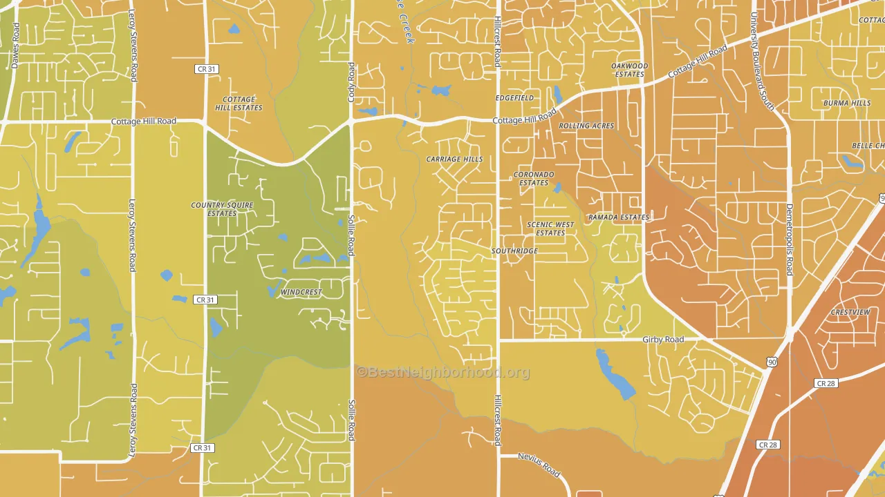 Map of the best neighborhoods in the Milkhouse, Mobile area, with better matches in green and worse matches in red
