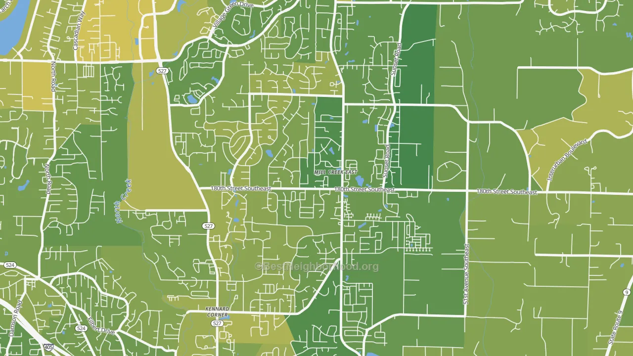 Map of the best neighborhoods in the Mill Creek East area, with better matches in green and worse matches in red