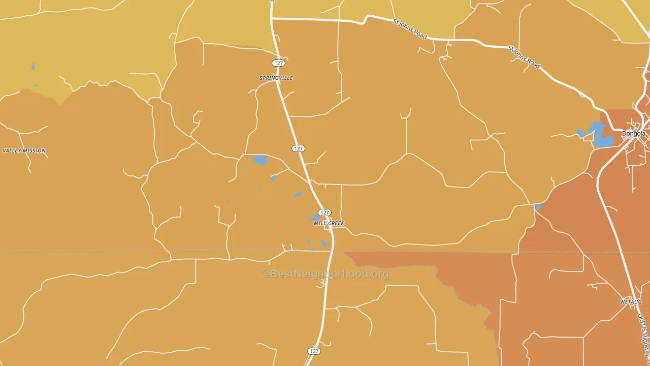 Map of the best neighborhoods in the Mill Creek area, with better matches in green and worse matches in red