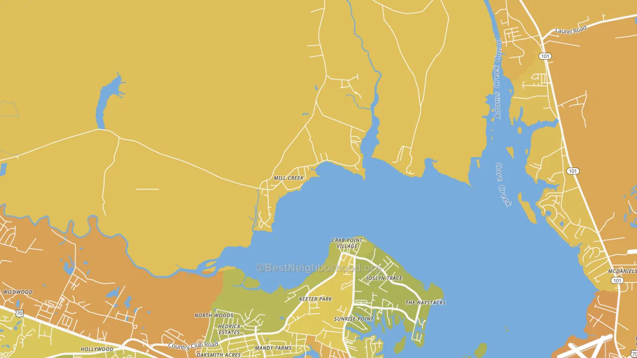 Map of the best neighborhoods in the Mill Creek area, with better matches in green and worse matches in red
