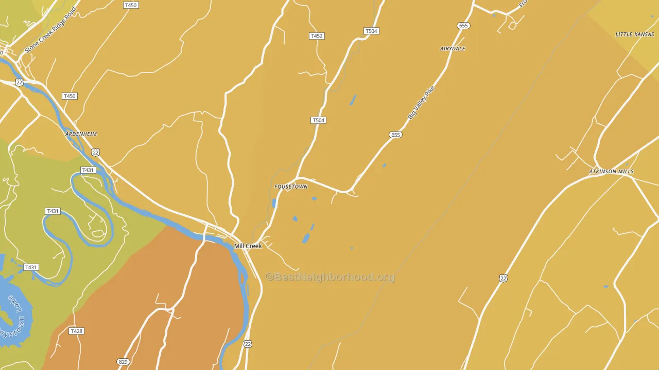 Map of the best neighborhoods in the Mill Creek area, with better matches in green and worse matches in red