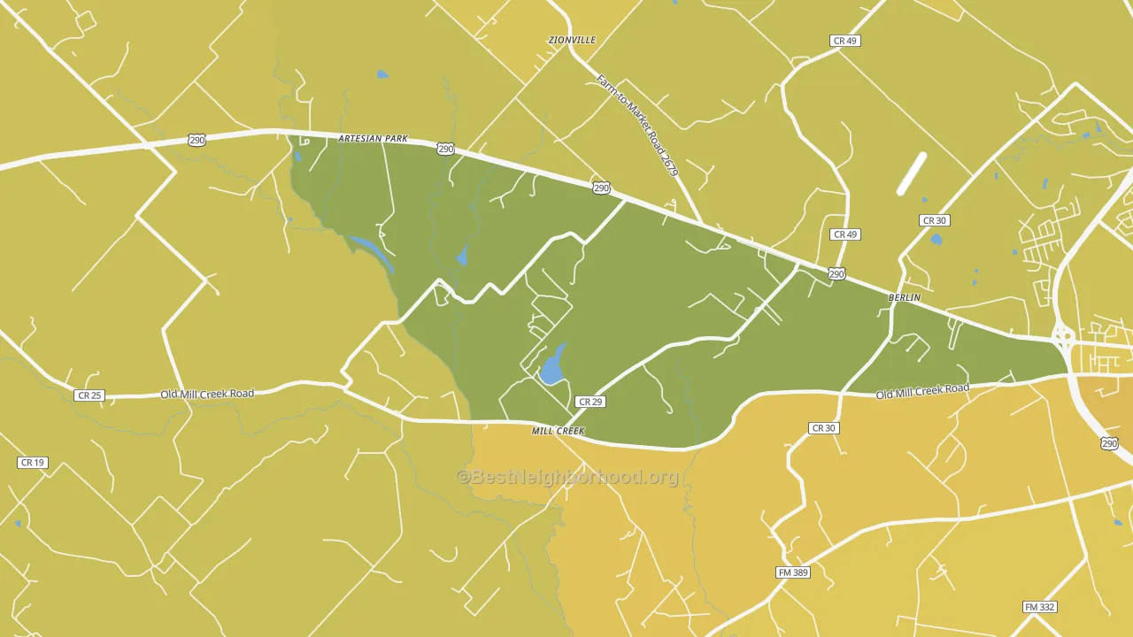 Map of the best neighborhoods in the Mill Creek area, with better matches in green and worse matches in red