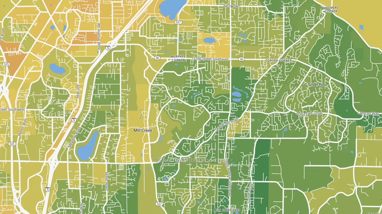 Map of the best neighborhoods in the Mill Creek area, with better matches in green and worse matches in red