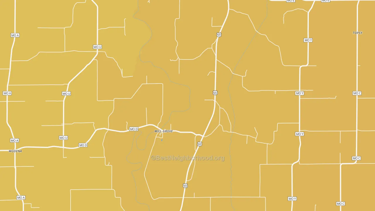 Map of the best neighborhoods in the Mill Grove area, with better matches in green and worse matches in red