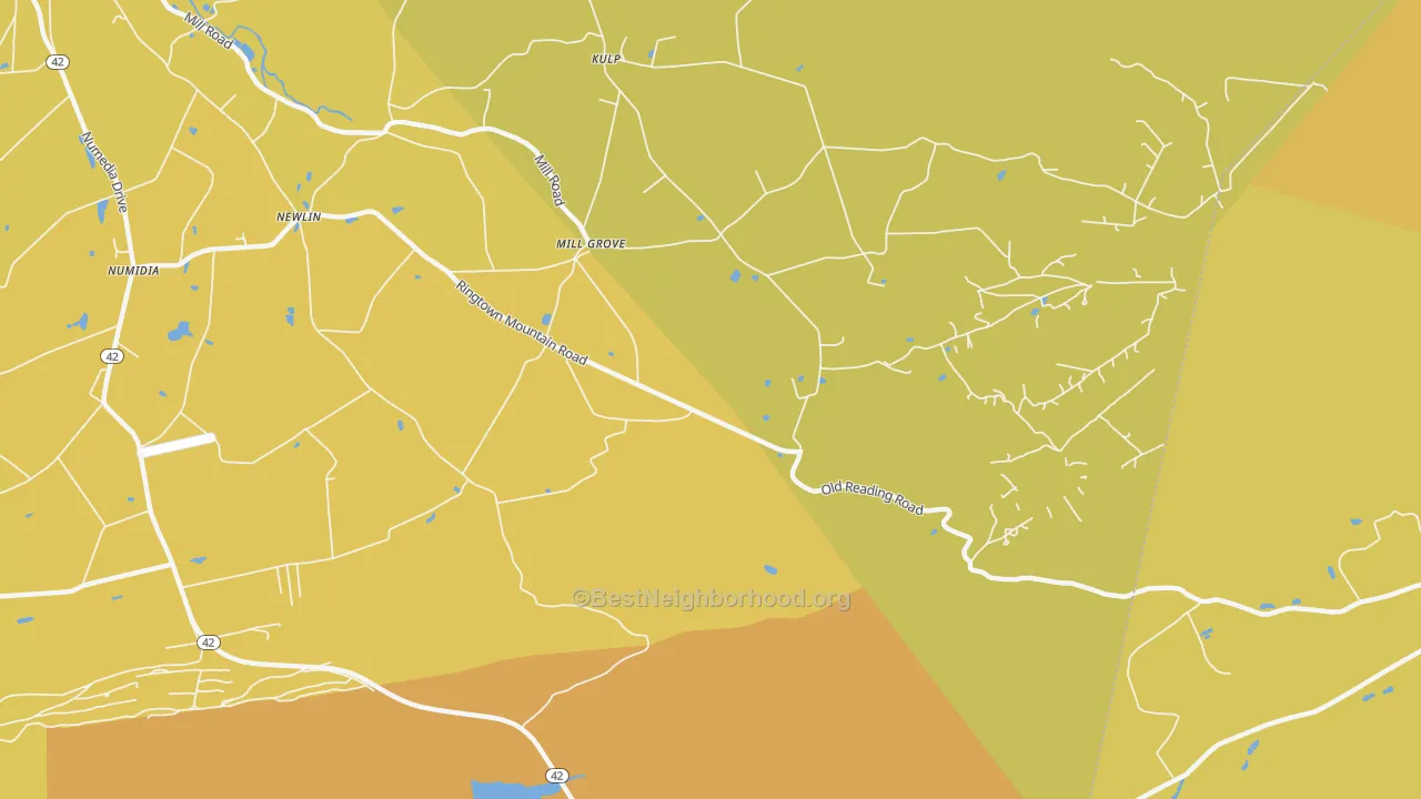 Map of the best neighborhoods in the Mill Grove area, with better matches in green and worse matches in red