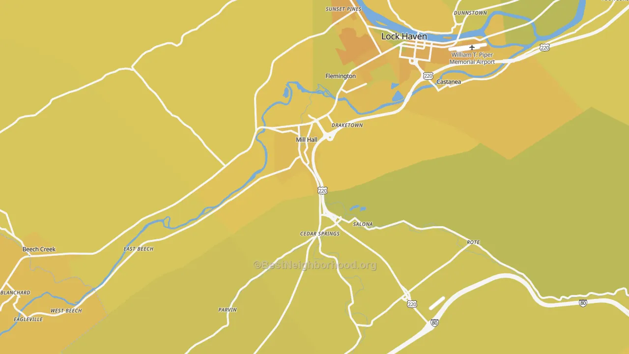Map of the best neighborhoods in the Mill Hall area, with better matches in green and worse matches in red