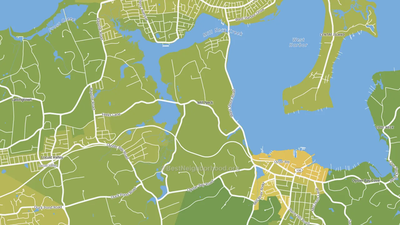 Map of the best neighborhoods in the Mill Neck area, with better matches in green and worse matches in red
