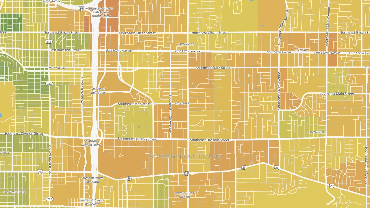 Map of the best neighborhoods in the Mill Park, Portland area, with better matches in green and worse matches in red