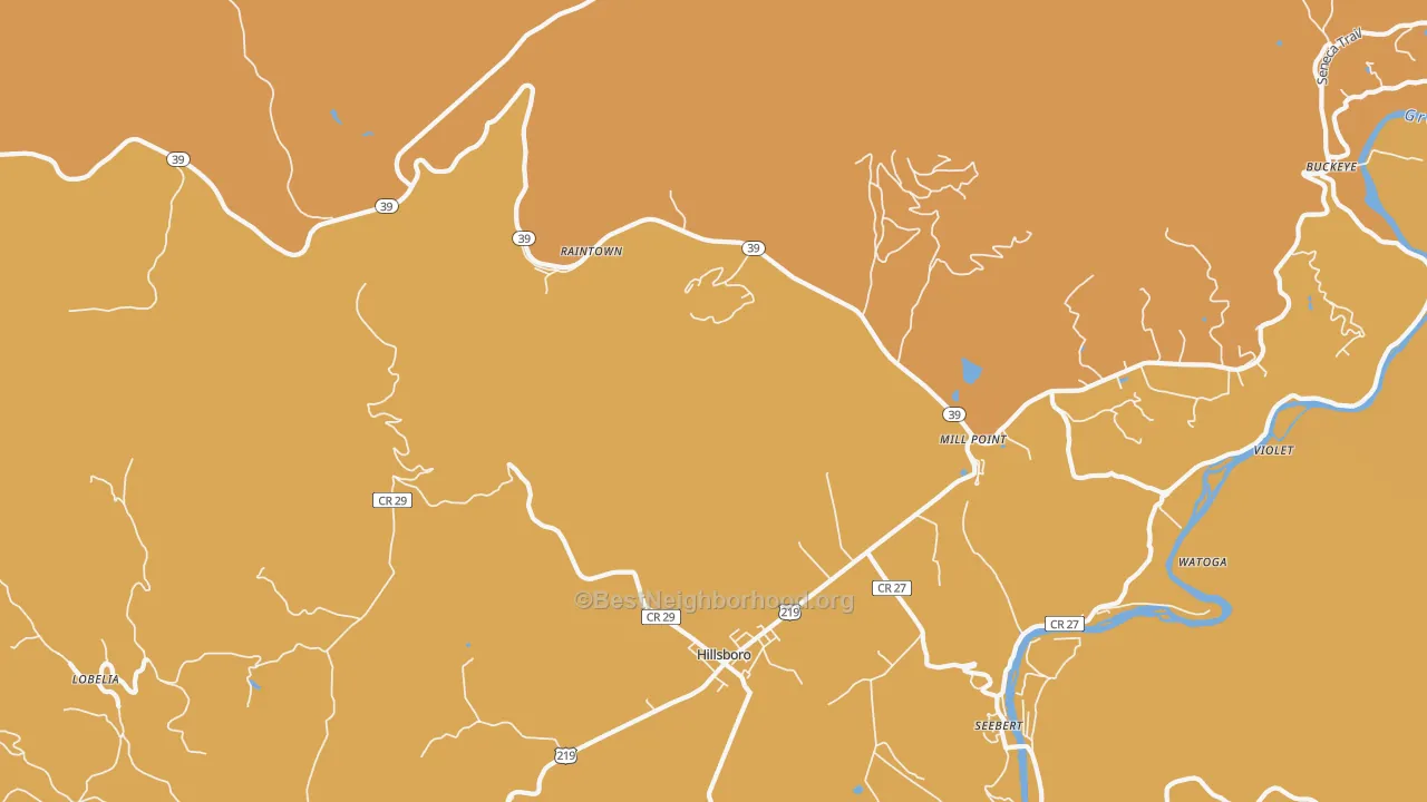 Map of the best neighborhoods in the Mill Point area, with better matches in green and worse matches in red