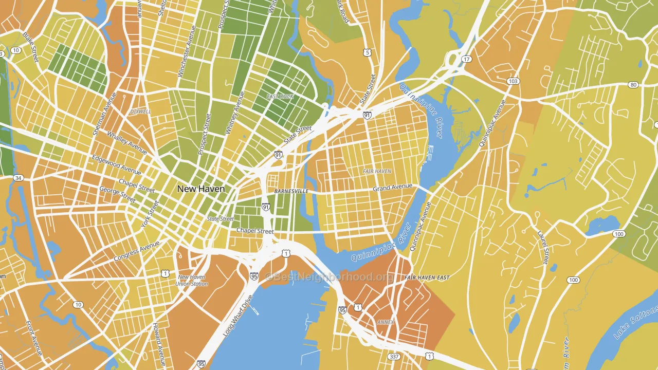 Map of the best neighborhoods in the Mill River, New Haven area, with better matches in green and worse matches in red