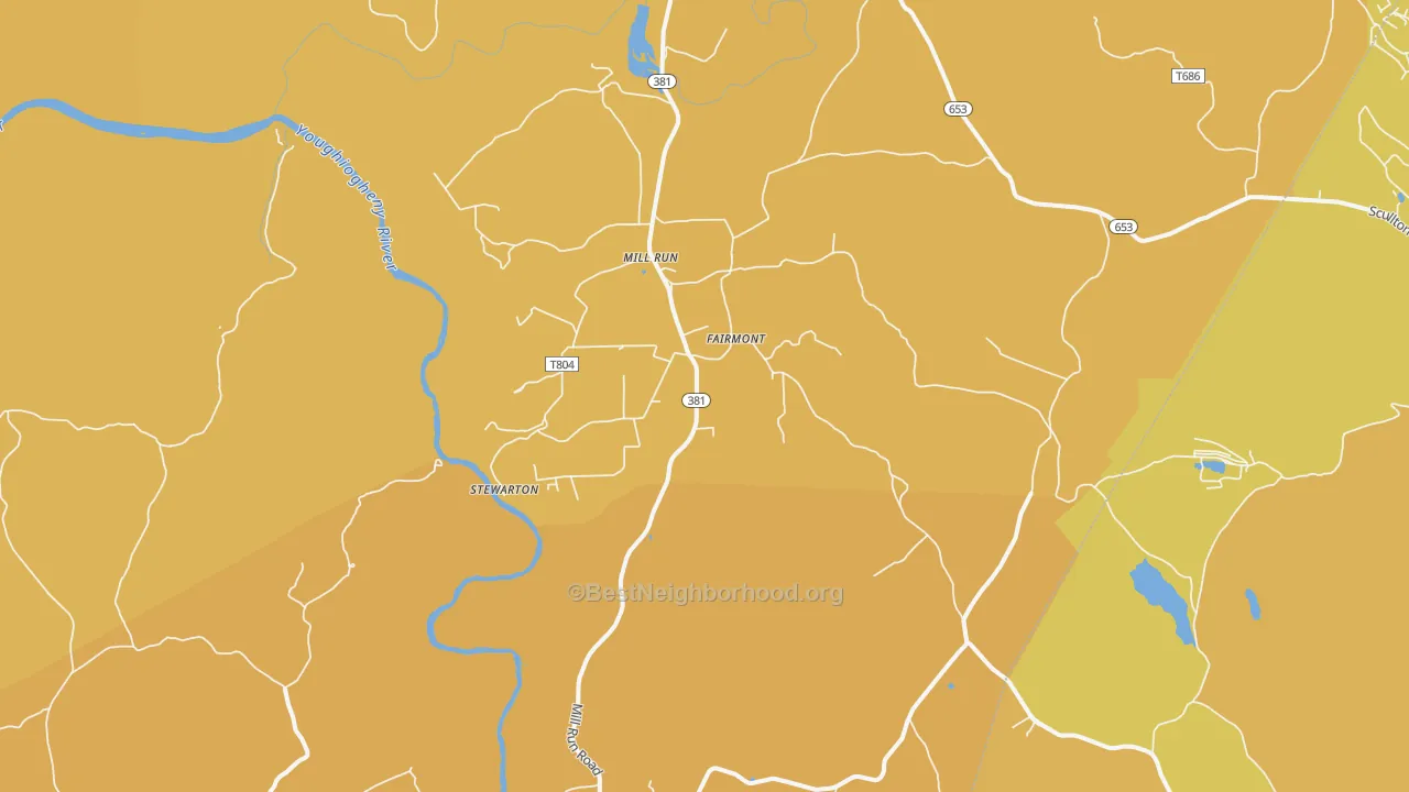 Map of the best neighborhoods in the Mill Run area, with better matches in green and worse matches in red