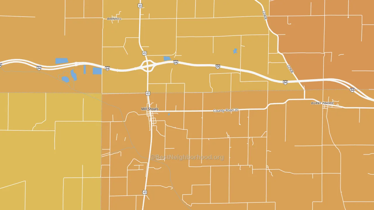 Map of the best neighborhoods in the Mill Shoals area, with better matches in green and worse matches in red