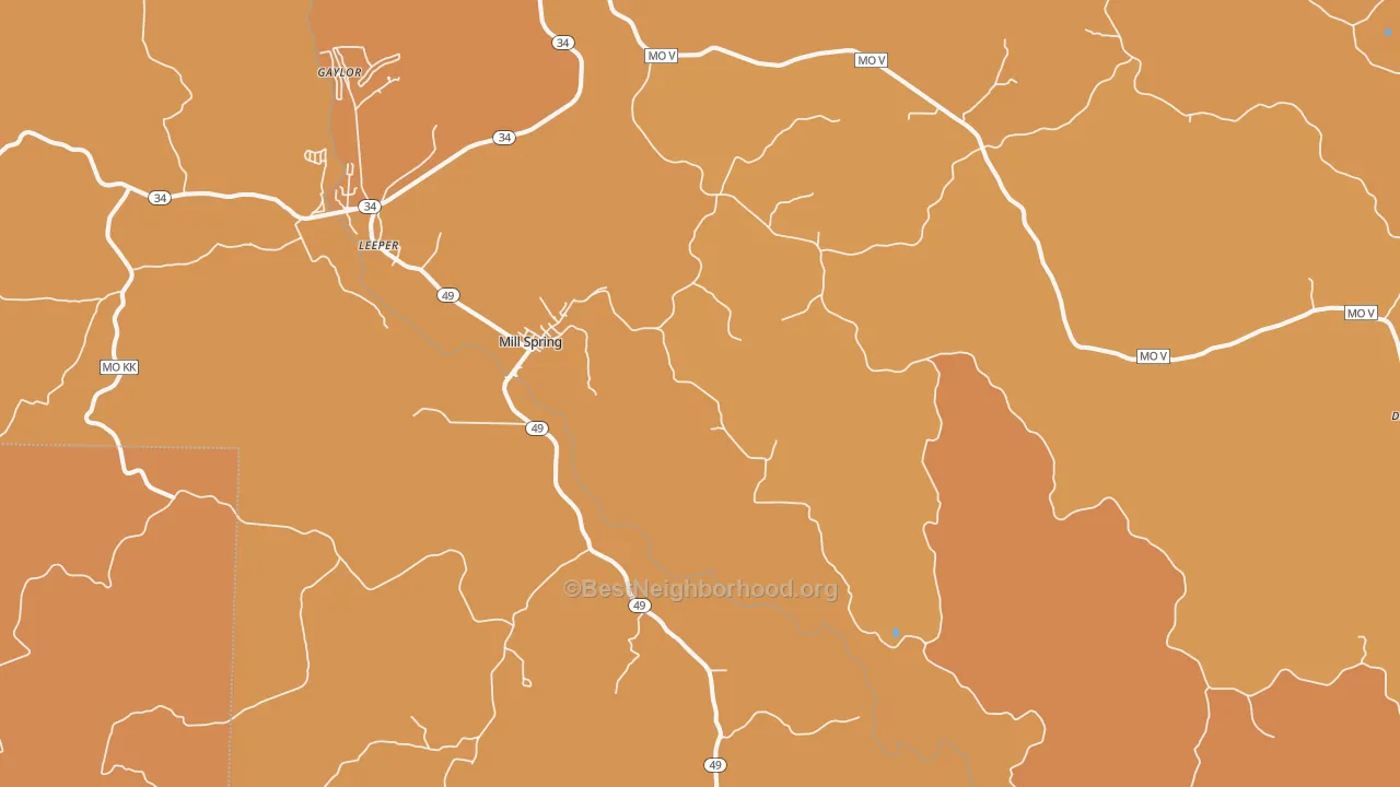 Map of the best neighborhoods in the Mill Spring area, with better matches in green and worse matches in red