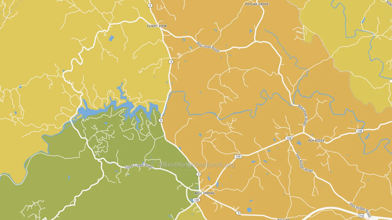 Map of the best neighborhoods in the Mill Spring area, with better matches in green and worse matches in red