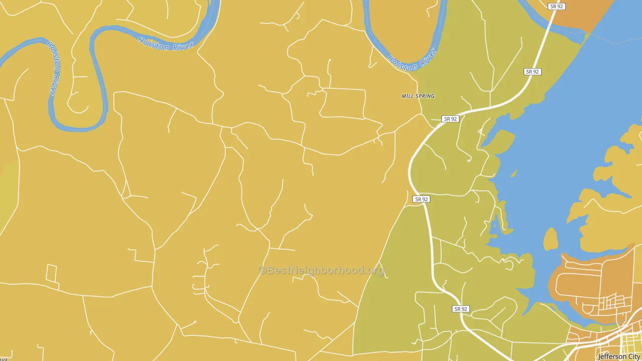 Map of the best neighborhoods in the Mill Spring area, with better matches in green and worse matches in red