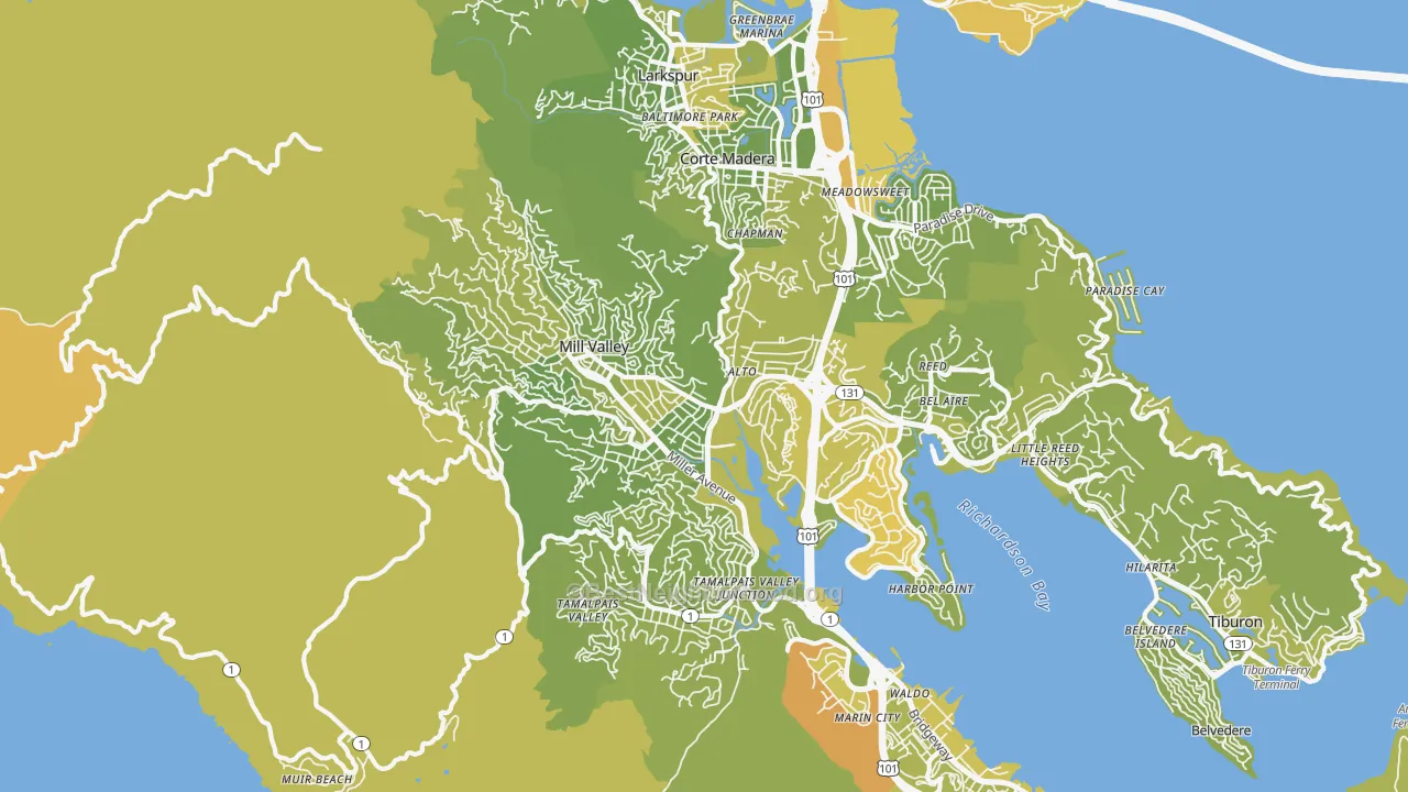 Map of the best neighborhoods in the Mill Valley area, with better matches in green and worse matches in red