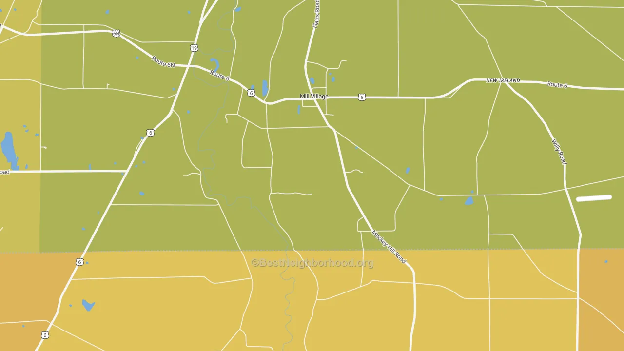 Map of the best neighborhoods in the Mill Village area, with better matches in green and worse matches in red