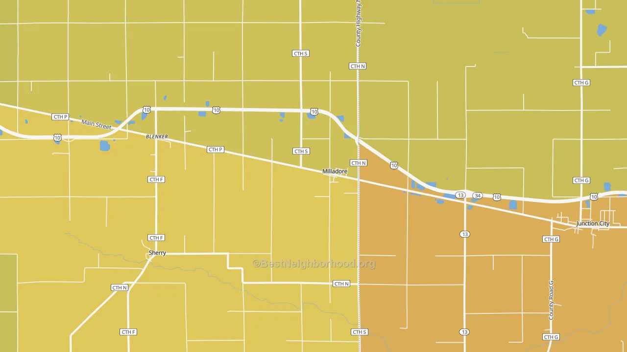 Map of the best neighborhoods in the Milladore area, with better matches in green and worse matches in red