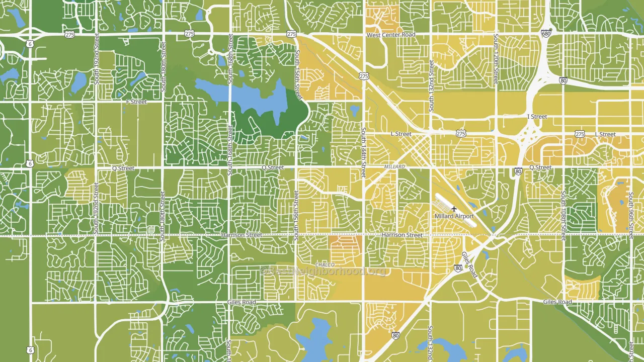 Map of the best neighborhoods in the Millard, Omaha area, with better matches in green and worse matches in red