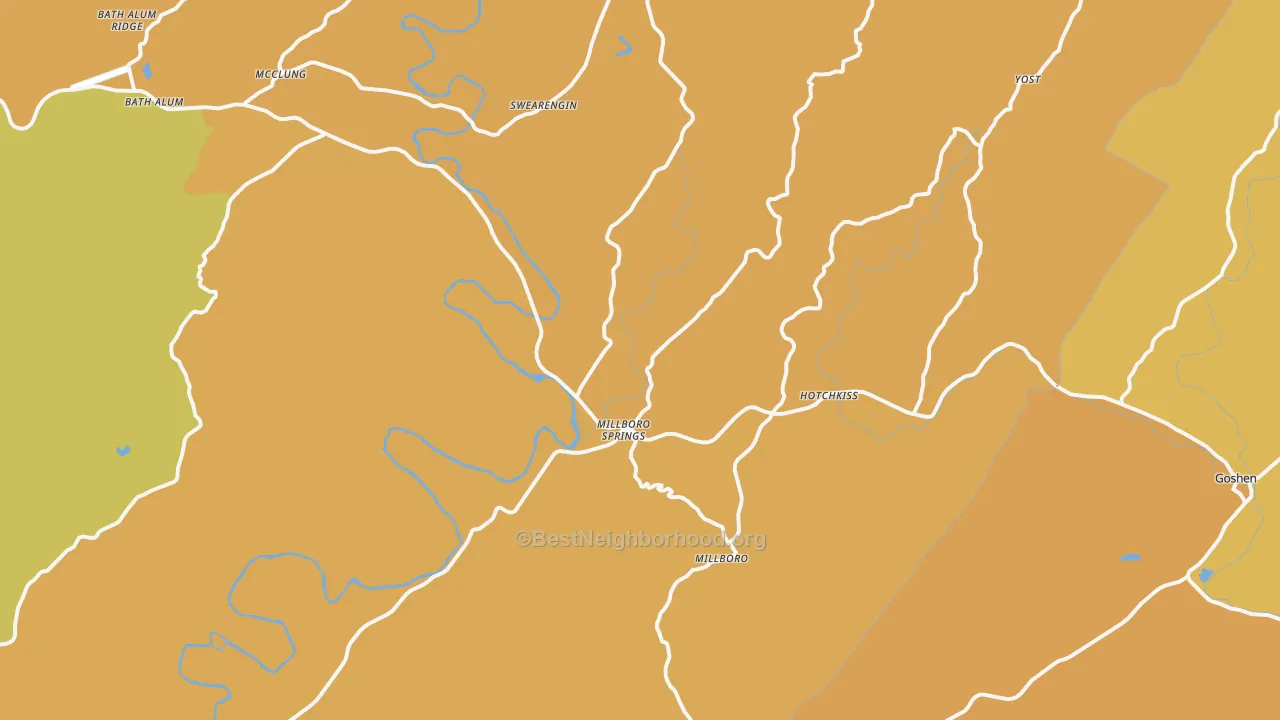 Map of the best neighborhoods in the Millboro area, with better matches in green and worse matches in red