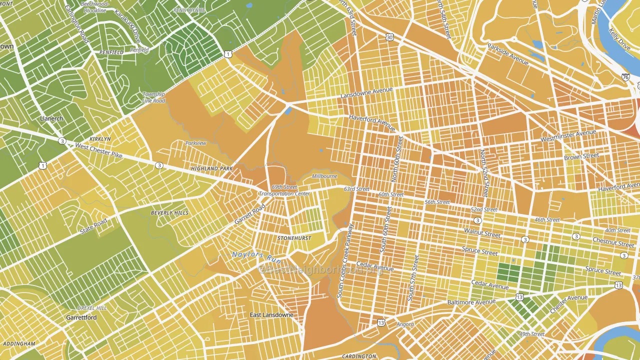 Map of the best neighborhoods in the Millbourne area, with better matches in green and worse matches in red