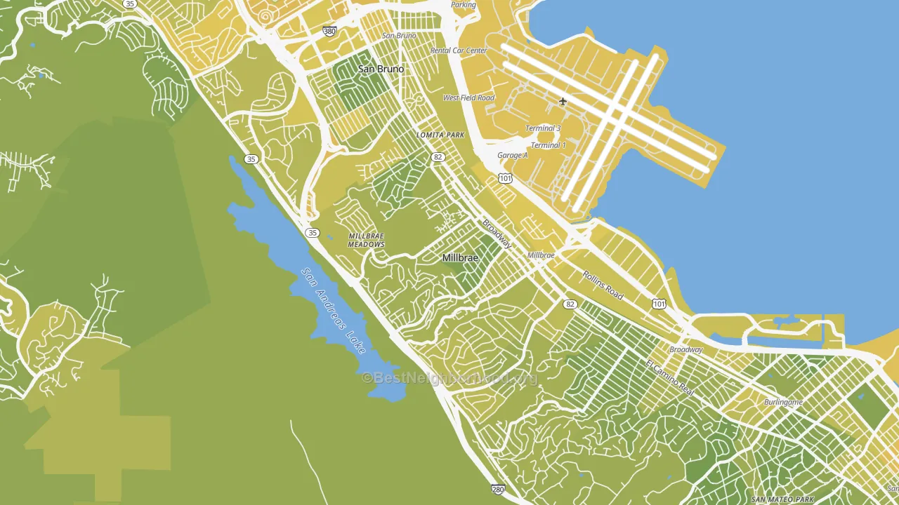 Map of the best neighborhoods in the Millbrae area, with better matches in green and worse matches in red